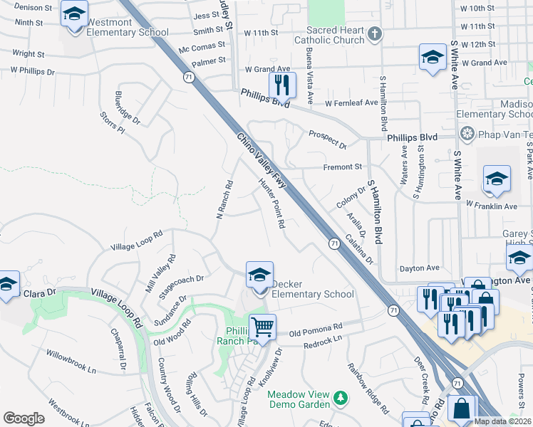 map of restaurants, bars, coffee shops, grocery stores, and more near 16 Sunset Ridge Drive in Pomona