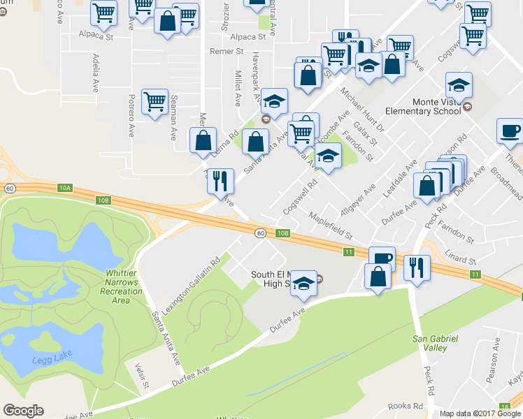 map of restaurants, bars, coffee shops, grocery stores, and more near 10907 Danielson Drive in South El Monte