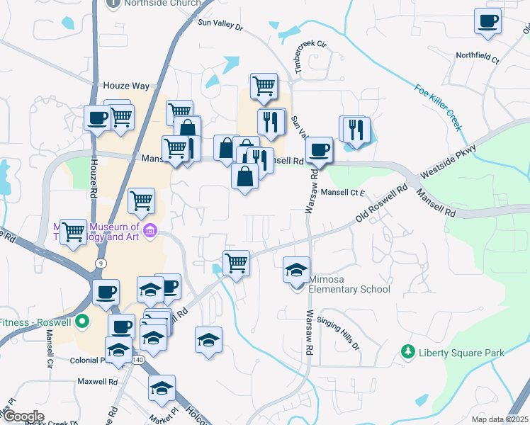 map of restaurants, bars, coffee shops, grocery stores, and more near 1070 Harper Drive in Roswell