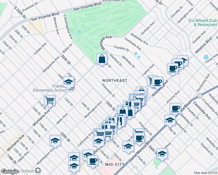 map of restaurants, bars, coffee shops, grocery stores, and more near 943 Princeton Street in Santa Monica