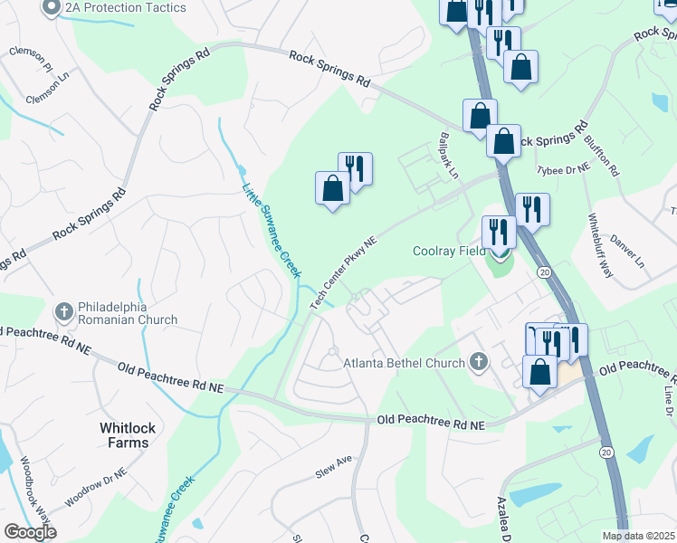 map of restaurants, bars, coffee shops, grocery stores, and more near 2400 Tech Center Parkway Northeast in Lawrenceville