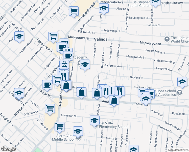 map of restaurants, bars, coffee shops, grocery stores, and more near 1115 Molinar Avenue in La Puente