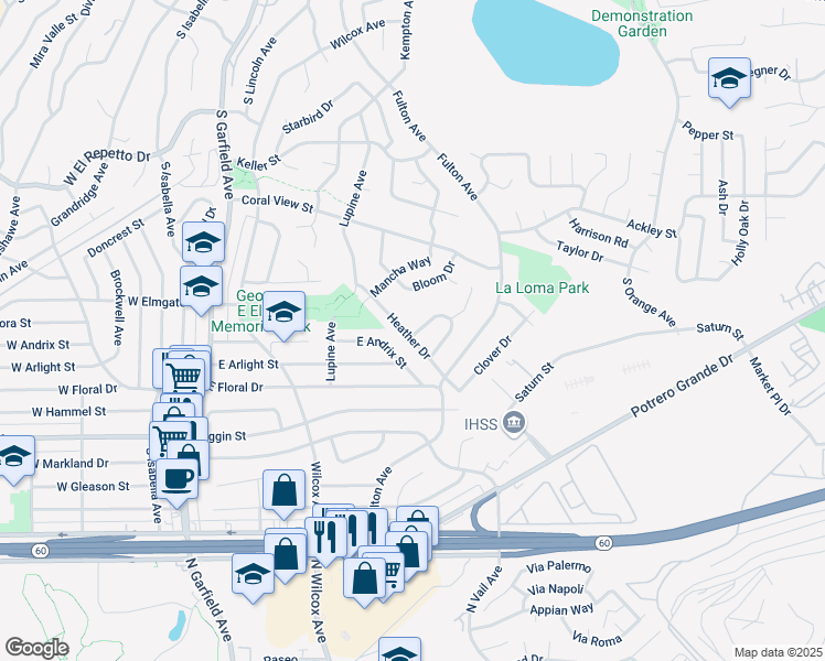 map of restaurants, bars, coffee shops, grocery stores, and more near 357 East Andrix Street in Monterey Park