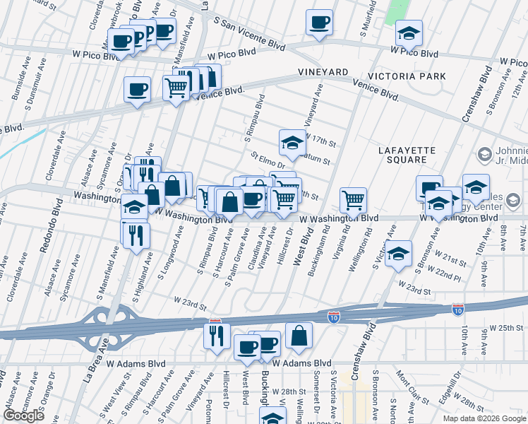 map of restaurants, bars, coffee shops, grocery stores, and more near 4621 West Washington Boulevard in Los Angeles