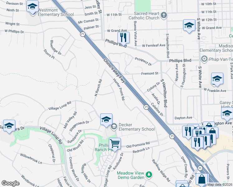 map of restaurants, bars, coffee shops, grocery stores, and more near 16 Sunset Ridge Drive in Pomona