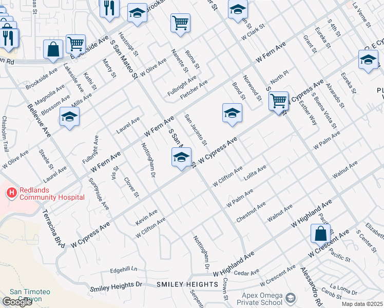 map of restaurants, bars, coffee shops, grocery stores, and more near South San Mateo Street in Redlands