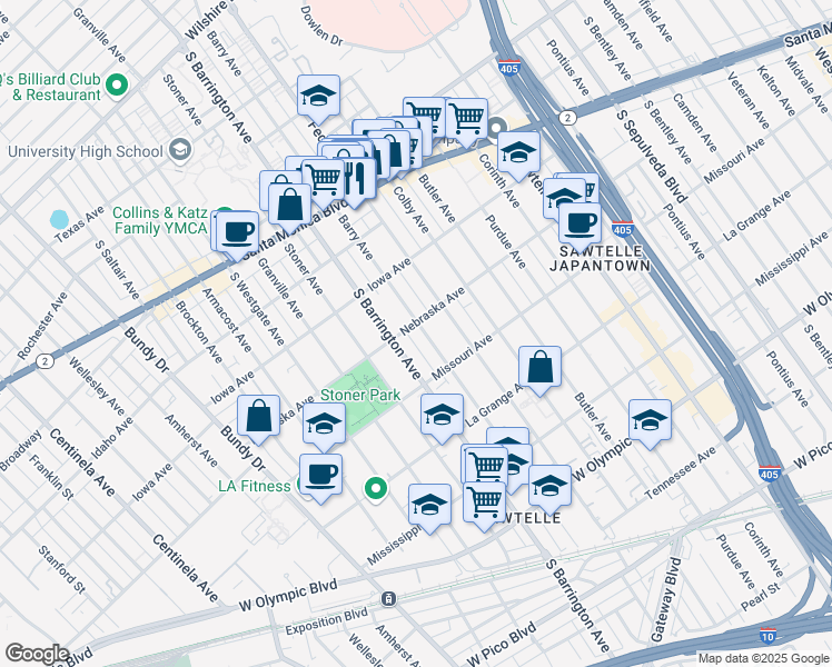 map of restaurants, bars, coffee shops, grocery stores, and more near 1811 Barry Avenue in Los Angeles