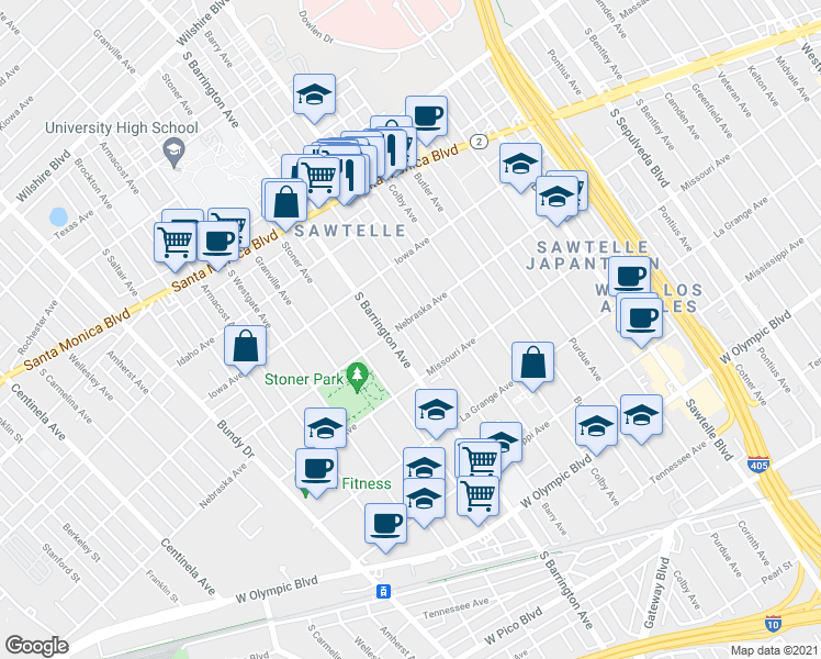 map of restaurants, bars, coffee shops, grocery stores, and more near 1811 Barry Avenue in Los Angeles