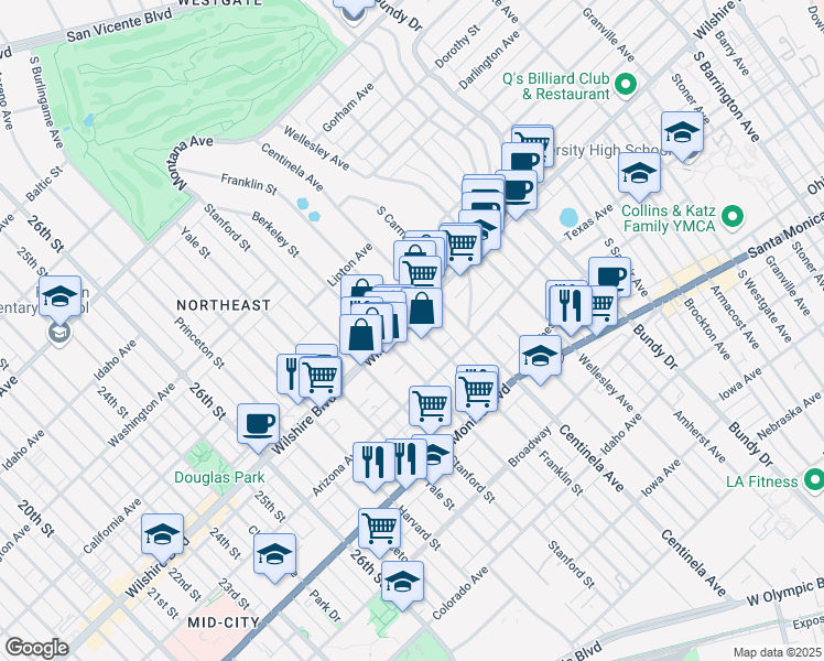 map of restaurants, bars, coffee shops, grocery stores, and more near 3130 Wilshire Boulevard in Santa Monica