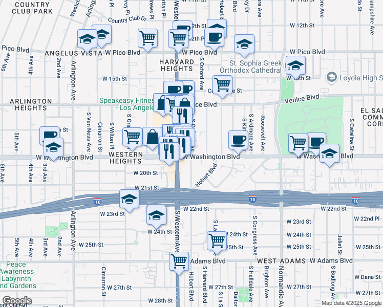 map of restaurants, bars, coffee shops, grocery stores, and more near 1915 South Oxford Avenue in Los Angeles
