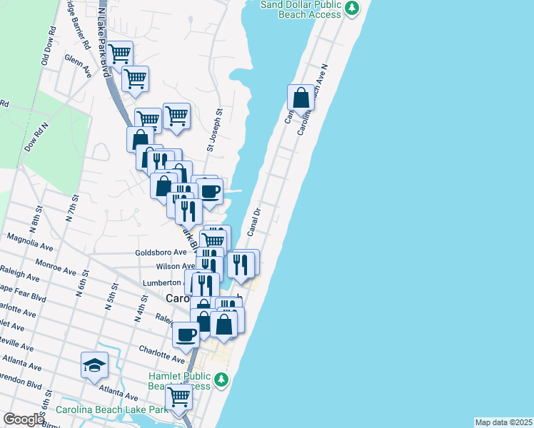 map of restaurants, bars, coffee shops, grocery stores, and more near 511 Carolina Beach Avenue North in Carolina Beach