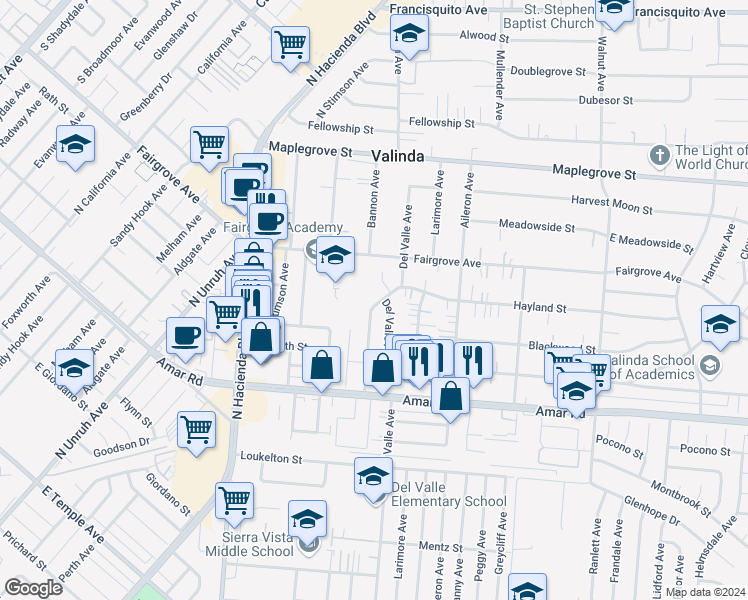 map of restaurants, bars, coffee shops, grocery stores, and more near 1115 Molinar Avenue in La Puente
