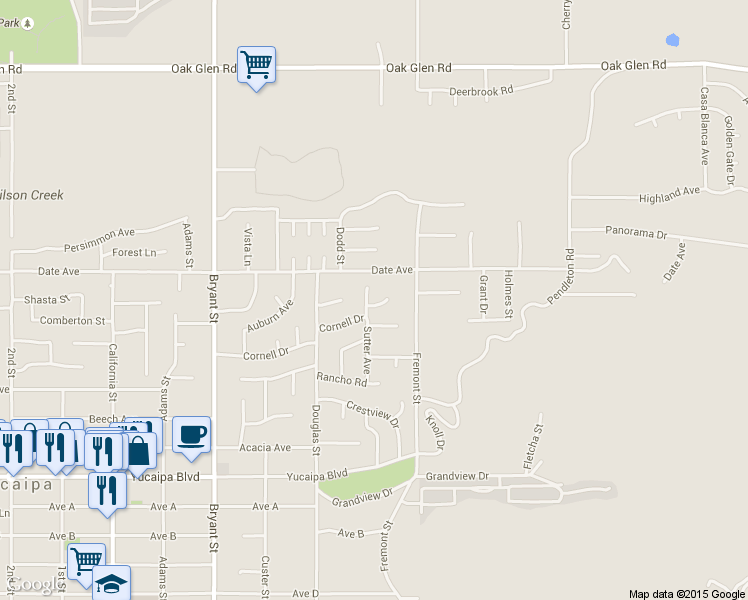 map of restaurants, bars, coffee shops, grocery stores, and more near 11763 Sutter Avenue in Yucaipa