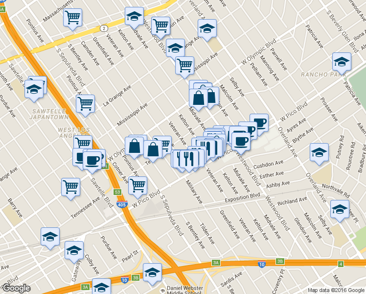map of restaurants, bars, coffee shops, grocery stores, and more near 2317 Veteran Avenue in Los Angeles