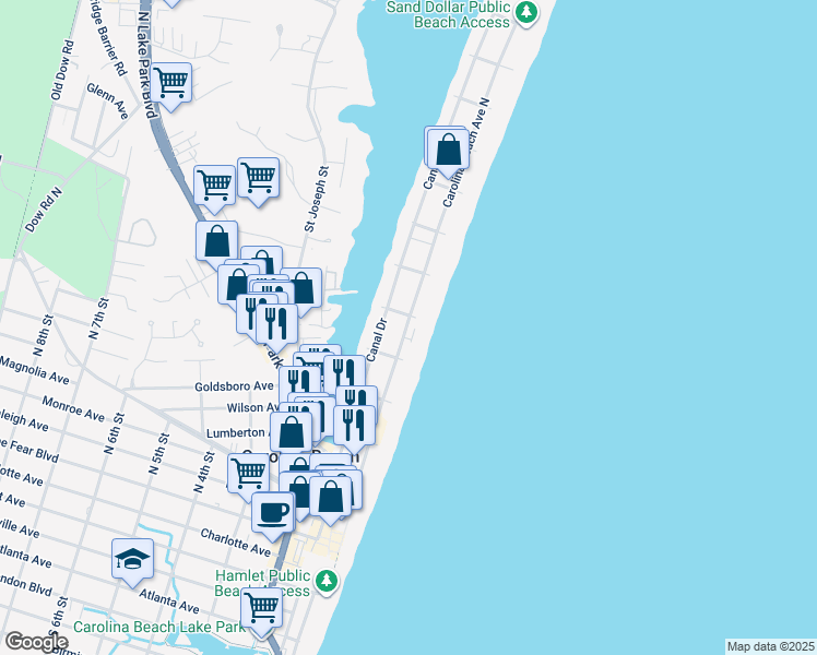 map of restaurants, bars, coffee shops, grocery stores, and more near 514 Carolina Beach Avenue North in Carolina Beach