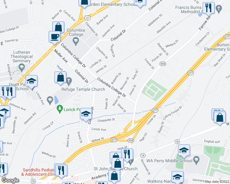 map of restaurants, bars, coffee shops, grocery stores, and more near 1736 Columbia College Drive in Columbia