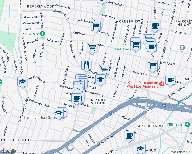 map of restaurants, bars, coffee shops, grocery stores, and more near 8925 West 24th Street in Los Angeles