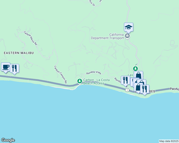 map of restaurants, bars, coffee shops, grocery stores, and more near 21609 Rambla Vista in Malibu