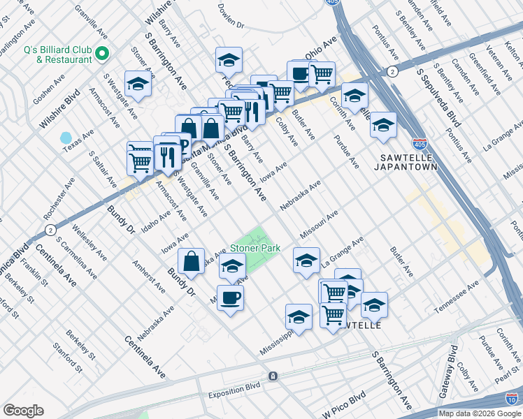 map of restaurants, bars, coffee shops, grocery stores, and more near 11728 Nebraska Avenue in Los Angeles