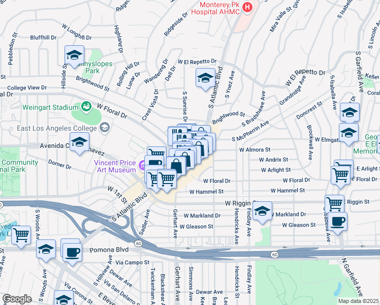 map of restaurants, bars, coffee shops, grocery stores, and more near 850 South Atlantic Boulevard in Monterey Park