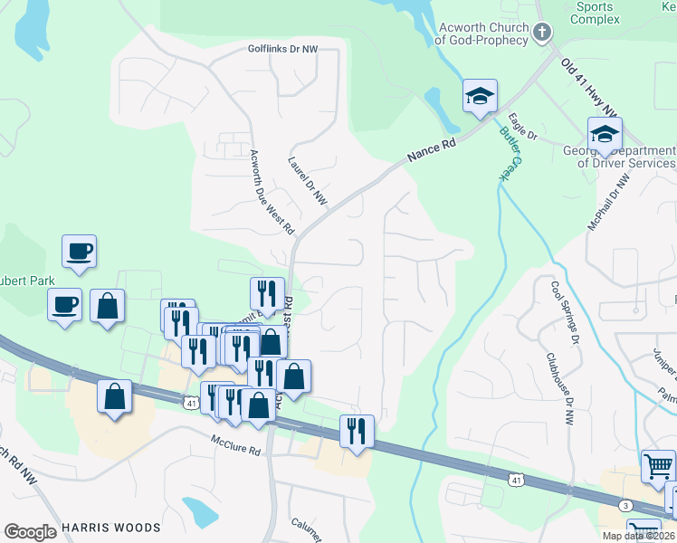 map of restaurants, bars, coffee shops, grocery stores, and more near 4268 Grand Oaks Drive Northwest in Kennesaw