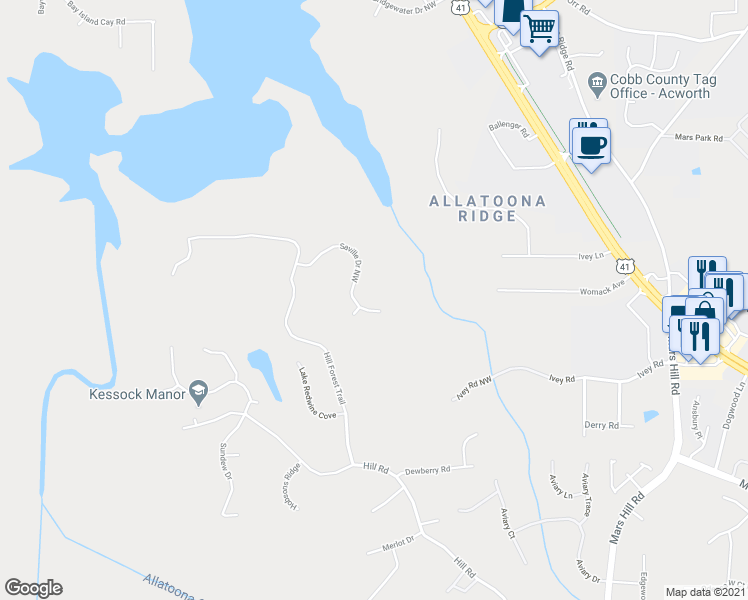 map of restaurants, bars, coffee shops, grocery stores, and more near 5312 Saville Drive Northwest in Acworth