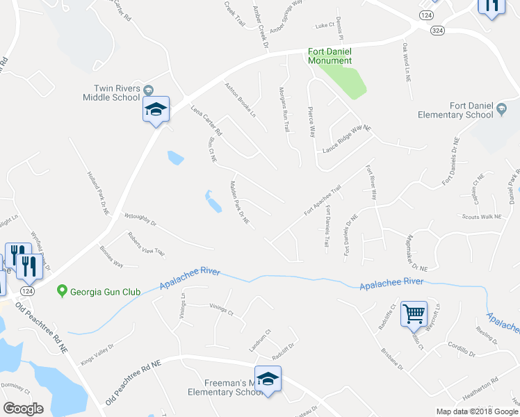 map of restaurants, bars, coffee shops, grocery stores, and more near Malden Hill Drive in Buford