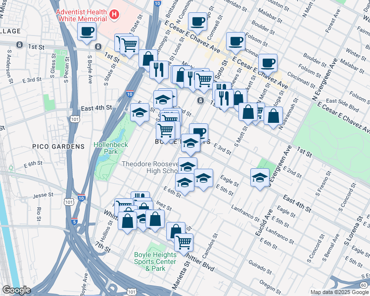 map of restaurants, bars, coffee shops, grocery stores, and more near 432 South Soto Street in Los Angeles