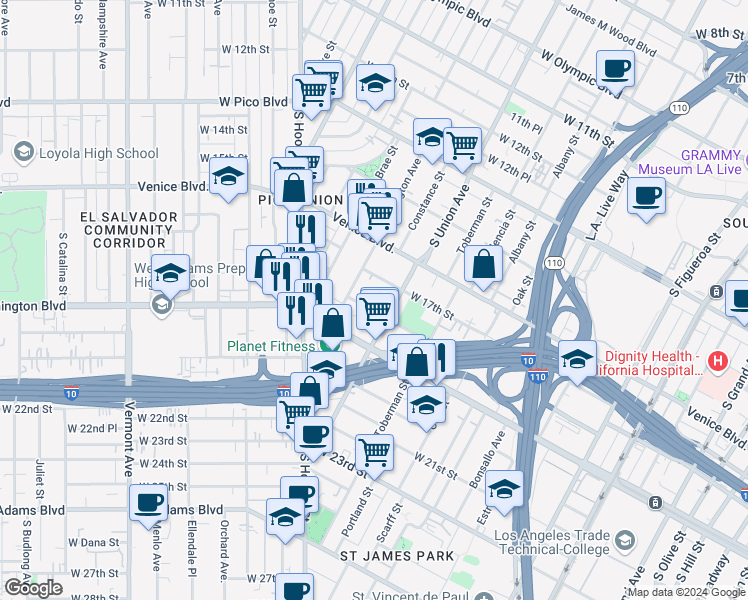 map of restaurants, bars, coffee shops, grocery stores, and more near 1123 West 18th Street in Los Angeles