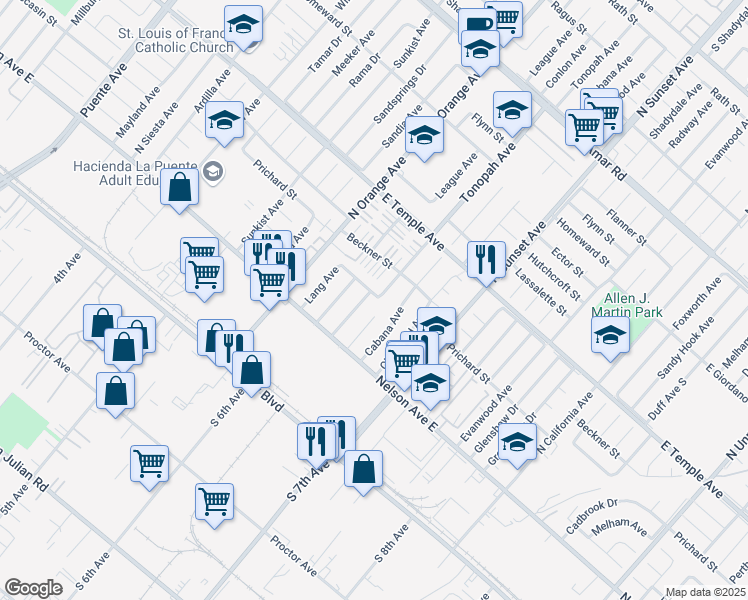 map of restaurants, bars, coffee shops, grocery stores, and more near 14438 Moccasin Street in La Puente