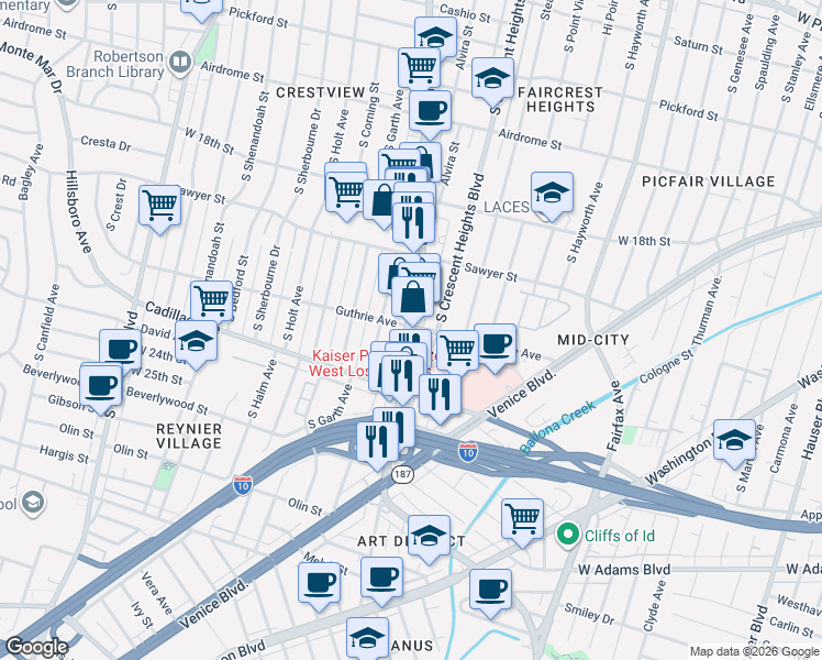 map of restaurants, bars, coffee shops, grocery stores, and more near 2044 S La Cienega Blvd in Los Angeles