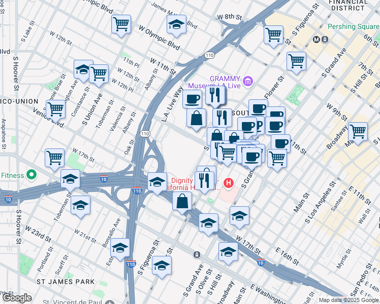 map of restaurants, bars, coffee shops, grocery stores, and more near 1201 South Figueroa Street in Los Angeles