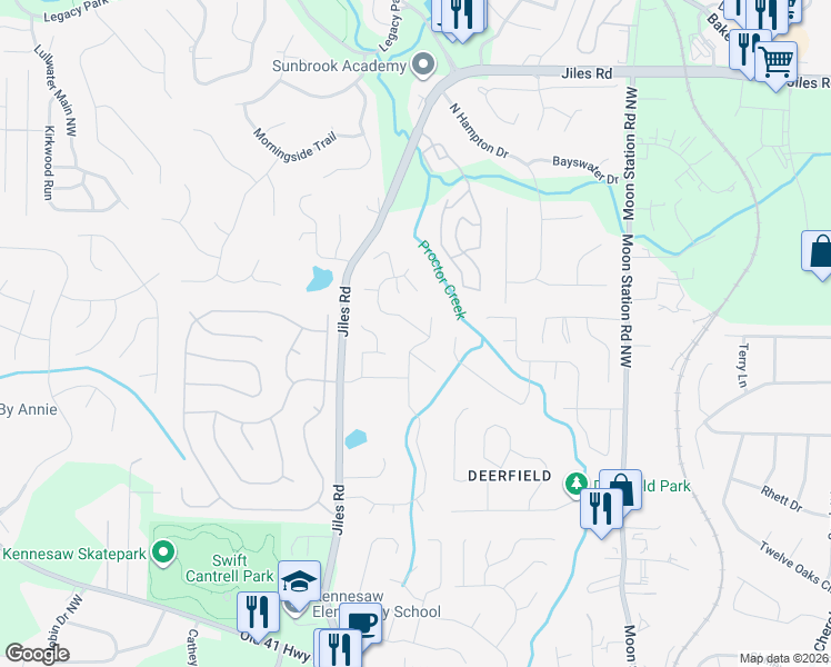 map of restaurants, bars, coffee shops, grocery stores, and more near 3902 McGuire Way in Kennesaw
