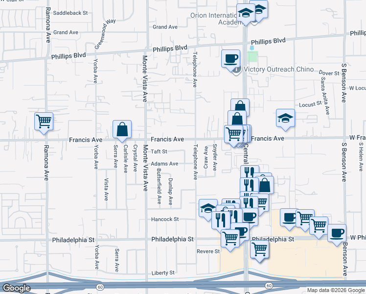 map of restaurants, bars, coffee shops, grocery stores, and more near 11771 Lester Avenue in Chino
