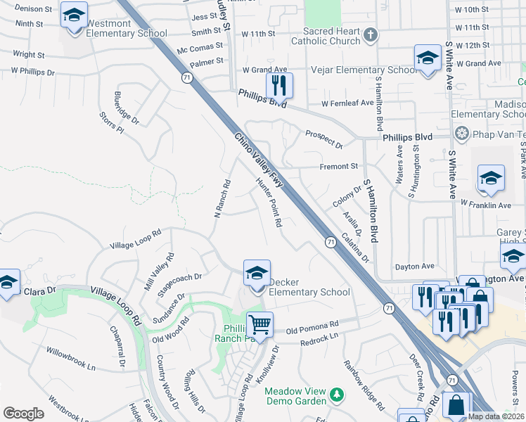 map of restaurants, bars, coffee shops, grocery stores, and more near 26 Sunset Ridge Drive in Pomona