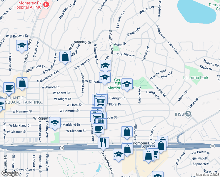 map of restaurants, bars, coffee shops, grocery stores, and more near 2035 South Garfield Avenue in Monterey Park