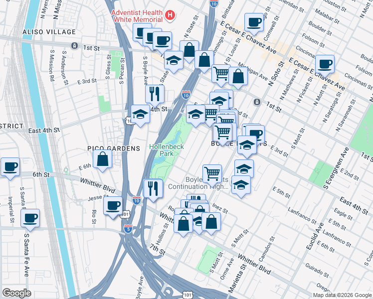 map of restaurants, bars, coffee shops, grocery stores, and more near 532 South Saint Louis Street in Los Angeles