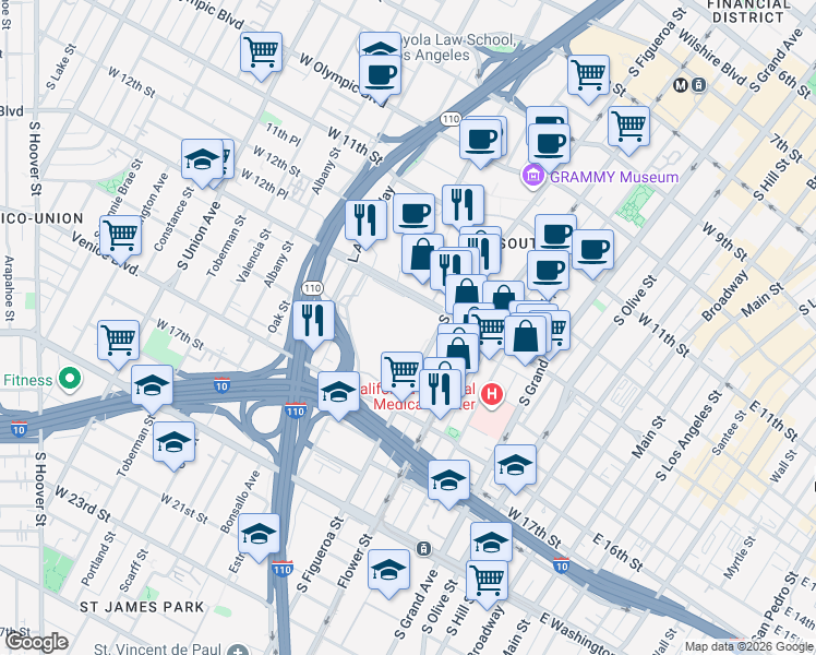 map of restaurants, bars, coffee shops, grocery stores, and more near 1362-1458 South Figueroa Street in Los Angeles