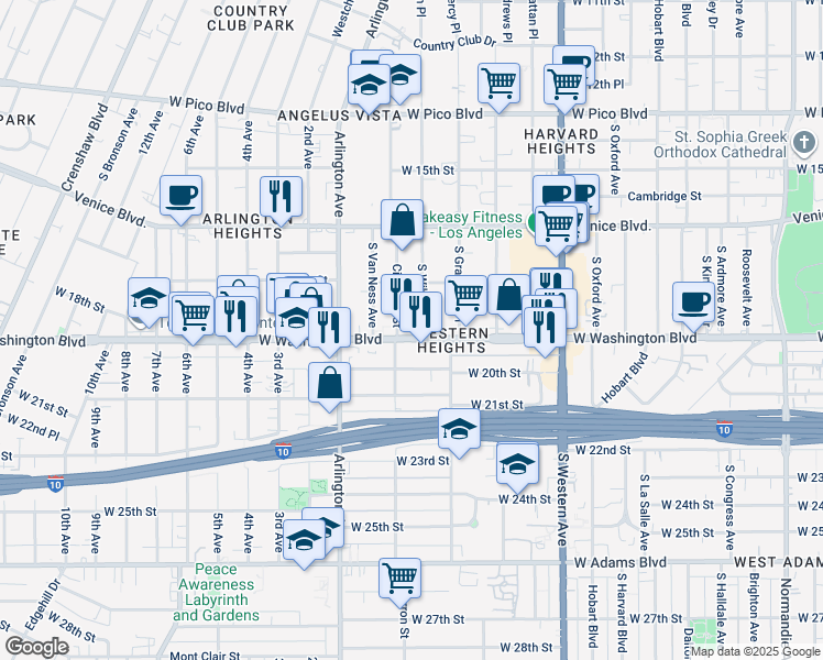 map of restaurants, bars, coffee shops, grocery stores, and more near 1906 Cimarron Street in Los Angeles