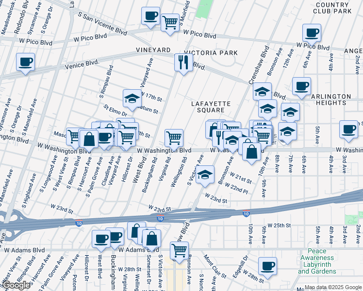 map of restaurants, bars, coffee shops, grocery stores, and more near 4394 West Washington Boulevard in Los Angeles
