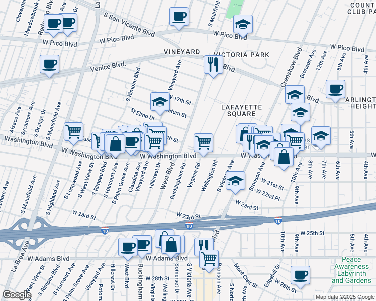 map of restaurants, bars, coffee shops, grocery stores, and more near 1908 Buckingham Road in Los Angeles