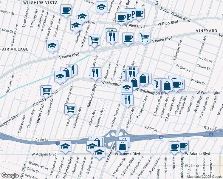 map of restaurants, bars, coffee shops, grocery stores, and more near 2006 South Orange Drive in Los Angeles