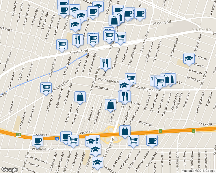 map of restaurants, bars, coffee shops, grocery stores, and more near 5107 West 21st Street in Los Angeles