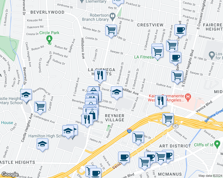 map of restaurants, bars, coffee shops, grocery stores, and more near 8925 West 24th Street in Los Angeles