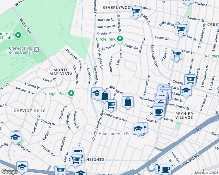 map of restaurants, bars, coffee shops, grocery stores, and more near 2618 Castle Heights Place in Los Angeles