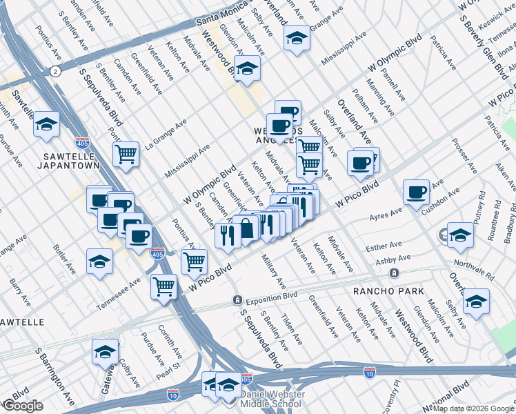 map of restaurants, bars, coffee shops, grocery stores, and more near 2347 Veteran Avenue in Los Angeles