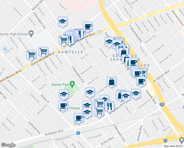map of restaurants, bars, coffee shops, grocery stores, and more near 11637 Missouri Avenue in Los Angeles