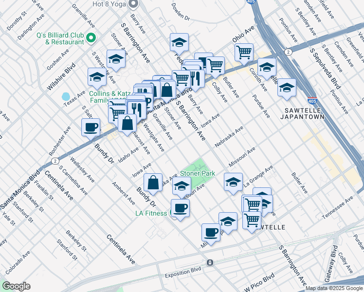 map of restaurants, bars, coffee shops, grocery stores, and more near 1734 Granville Avenue in Los Angeles