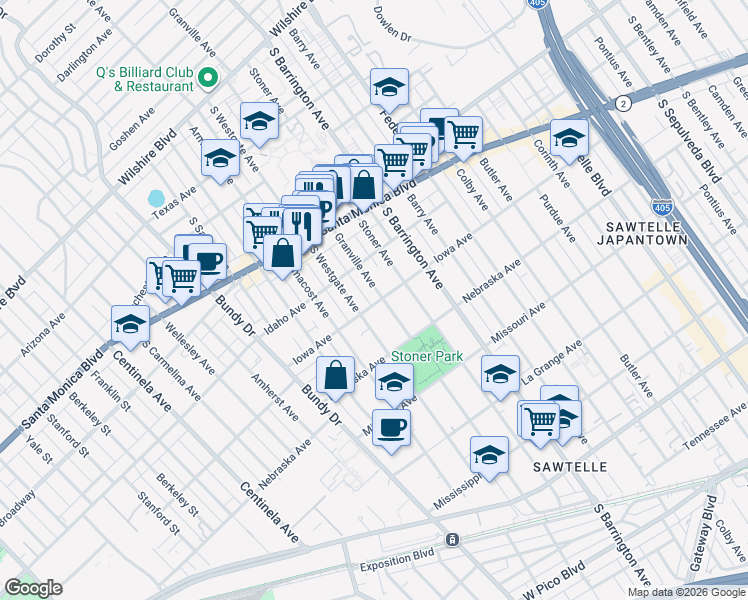 map of restaurants, bars, coffee shops, grocery stores, and more near 1714 South Westgate Avenue in Los Angeles