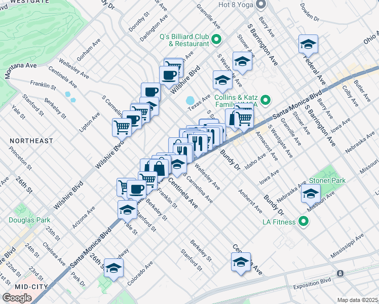 map of restaurants, bars, coffee shops, grocery stores, and more near in Los Angeles